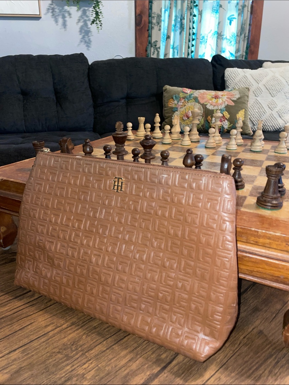 Tommy Hilfiger Tan Quilted Embossed Leather Clutch
